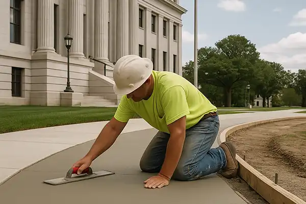 Worker smoothing out a new concrete walkway